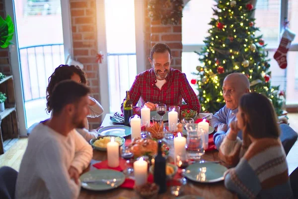 Beautiful Family Smiling Happy Confident Eating Roasted Turkey Celebrating Christmas — Stock Photo, Image