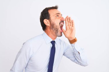 Orta yaşlı iş adamı zarif bir kravat takmış, beyaz arka planda durmuş el ele tutuşarak bağırıyor ve çığlık çığlığa bağırıyor. İletişim konsepti.