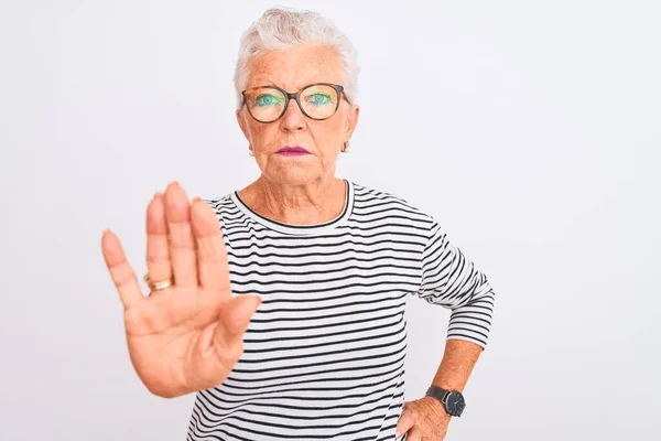 Senior Grey Haired Woman Wearing Striped Navy Shirt Glasses Isolated — ストック写真