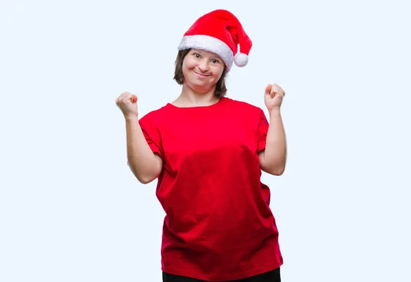 Mujer Adulta Joven Con Síndrome Con Sombrero Navidad Sobre Fondo — Foto de Stock