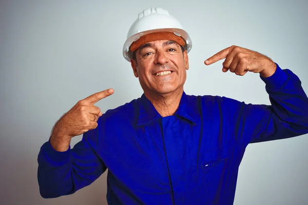 Handsome Middle Age Worker Man Wearing Uniform Helmet Isolated White — Stockfoto