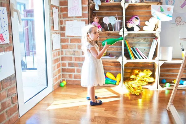 Adorable Blonde Toddler Playing Lots Toys Kindergarten — Stock Photo, Image