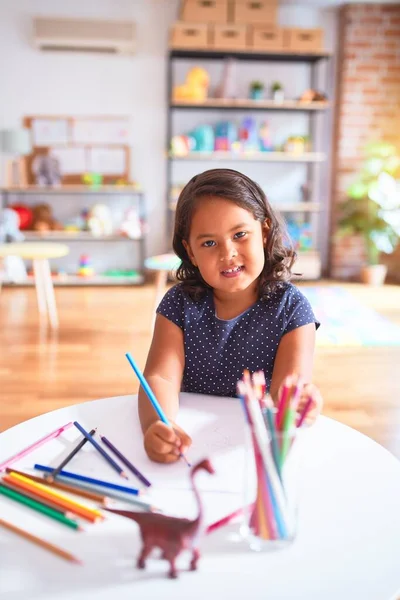 Beautiful Toddler Girl Drawing Cute Draw Using Colored Pencils Kindergarten — Stock Photo, Image