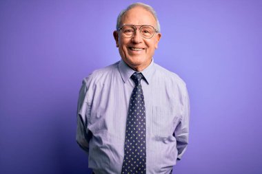 Morarmış arka planda duran gözlüklü, mutlu ve havalı bir gülümsemesi olan gri saçlı kıdemli iş adamı. Şanslı kişi..