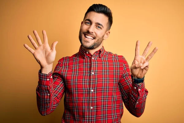 Young Handsome Man Wearing Casual Shirt Standing Isolated Yellow Background — Stock Photo, Image