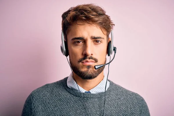 Young Call Center Agent Man Beard Wearing Headset Isolated Pink — Stock Photo, Image