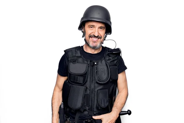 Middle Age Handsome Policeman Wearing Police Bulletproof Vest Security Helmet — Stock Photo, Image