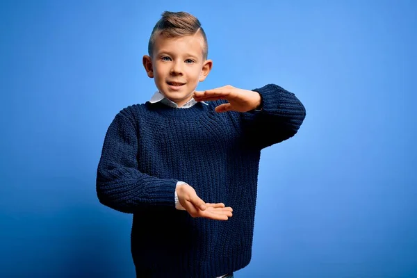 Young Little Caucasian Kid Blue Eyes Wearing Winter Sweater Blue — Stock Photo, Image