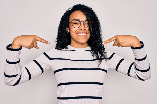 Young African American Woman Wearing Striped Sweater Glasses White Background — Stock Photo, Image