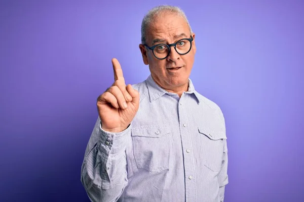 Middle Age Handsome Hoary Man Wearing Striped Shirt Glasses Purple — Stock Photo, Image