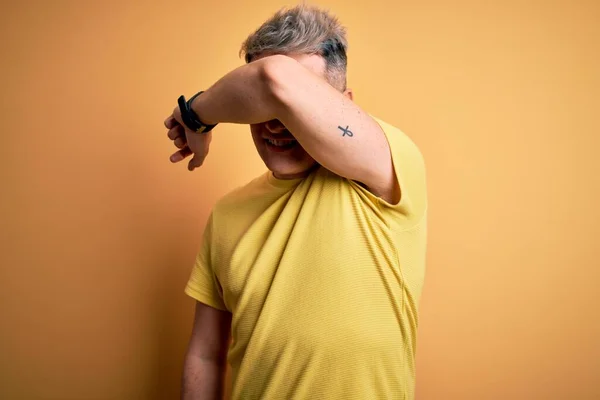 Young Handsome Modern Man Wearing Yellow Shirt Yellow Isolated Background — Stock Photo, Image