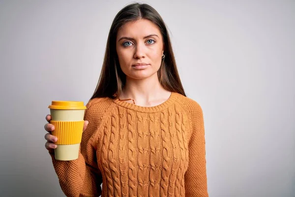 Joven Hermosa Mujer Con Ojos Azules Beber Taza Café Para — Foto de Stock