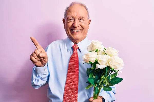 Senior Grey Haired Businessman Wearing Tie Holding Bouquet Flowers Pink — Stock Photo, Image