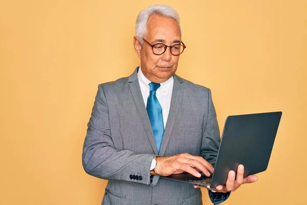 Středního Věku Senior Šedovlasý Podnikatel Nosí Brýle Pracující Pomocí Notebooku — Stock fotografie
