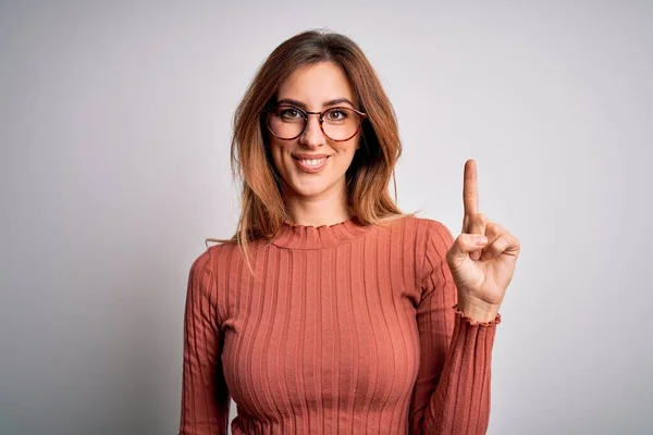 Young Beautiful Brunette Woman Wearing Casual Sweater Glasses White Background — Stock Photo, Image