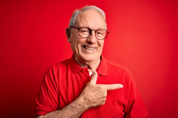 Hombre Mayor Pelo Gris Con Gafas Camiseta Casual Sobre Fondo —  Fotos de Stock