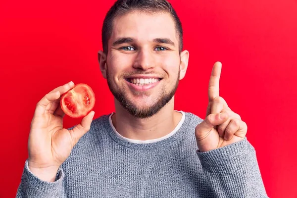 Young Handsome Man Holding Slice Tomato Smiling Idea Question Pointing — Stock Photo, Image