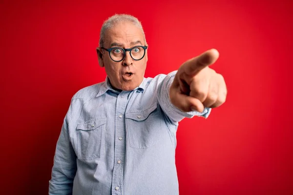 Middle Age Handsome Hoary Man Wearing Casual Striped Shirt Glasses — Stock Photo, Image