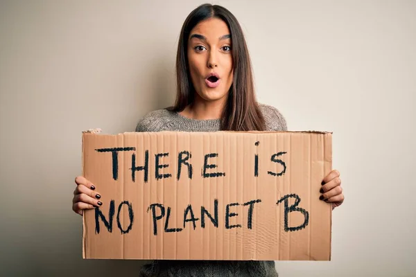 Young Beautiful Brunette Activist Woman Protesting Planet Holding Banner Scared — Stock Photo, Image