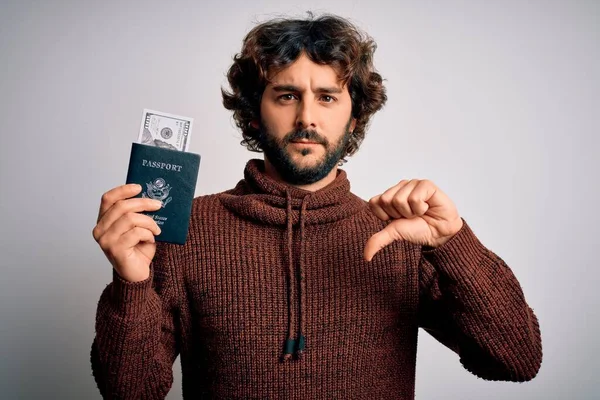 Handsome Tourist Man Beard Holding Passport Dollars Banknotes Money Travel — Stock Photo, Image