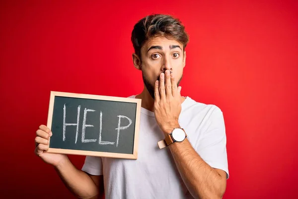 Jeune Homme Avec Problème Tenant Tableau Noir Avec Message Aide — Photo