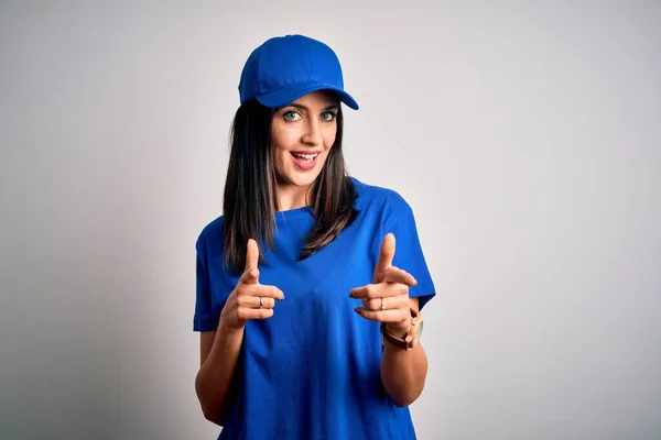 Young Delivery Woman Blue Eyes Wearing Cap Standing Blue Background — Stock Photo, Image