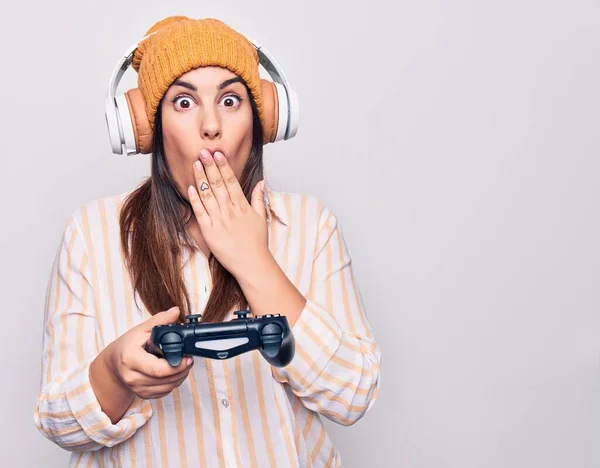 Jonge Mooie Brunette Gamer Vrouw Spelen Video Game Met Behulp — Stockfoto