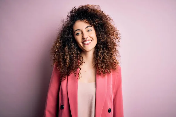 Young Beautiful Businesswoman Curly Hair Piercing Wearing Elegant Jacket Happy — Stock Photo, Image