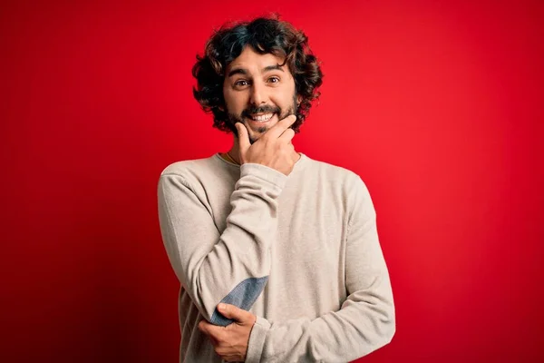 Young Handsome Man Beard Wearing Casual Sweater Standing Red Background — Stock Photo, Image