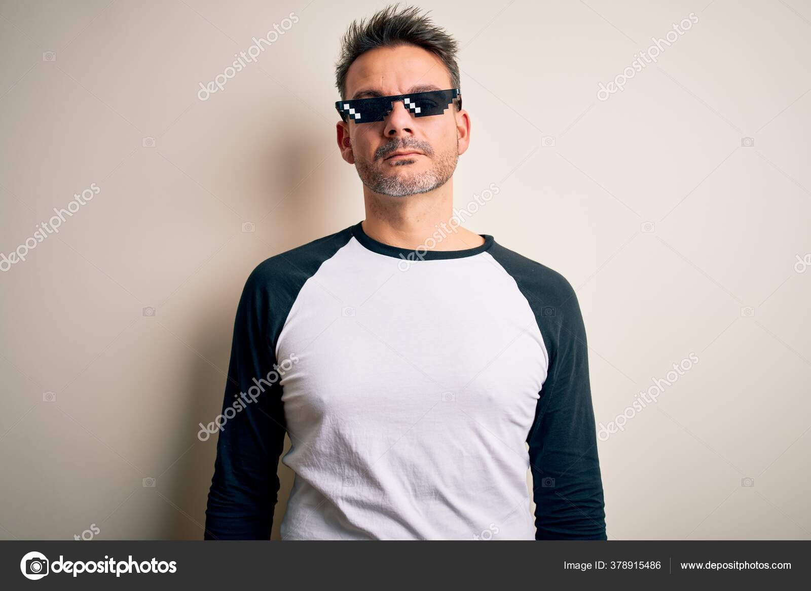 Young Handsome Man Wearing Funny Thug Life Sunglasses Meme White Stock Photo Image By C Krakenimages Com
