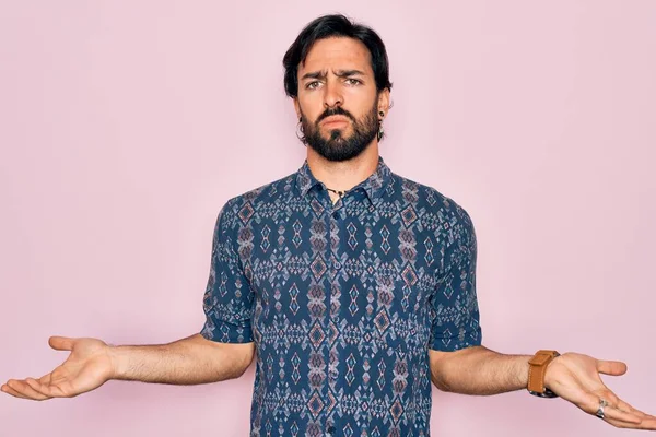 Young Handsome Hispanic Bohemian Man Wearing Hippie Style Pink Background — Stock Photo, Image