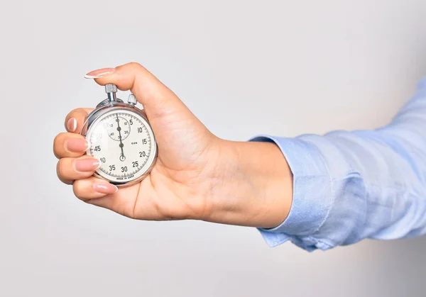 Main Caucasienne Jeune Femme Compter Temps Utilisant Chronomètre Sur Fond — Photo