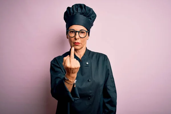 Middle Age Brunette Chef Woman Wearing Cooker Uniform Hat Isolated — Zdjęcie stockowe