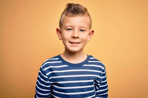 Young Little Caucasian Kid Blue Eyes Wearing Nautical Striped Shirt — Stock Photo, Image