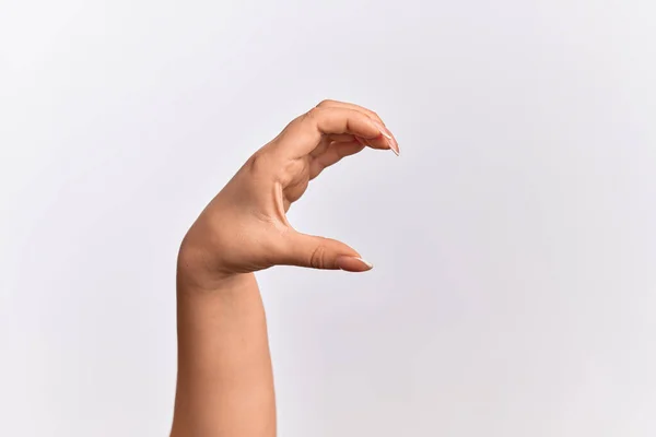 Hand Caucasian Young Woman Picking Taking Invisible Thing Holding Object — Stock Photo, Image