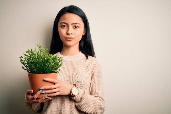 Young beautiful chinese woman holding plant pot standing over isolated white background with a confident expression on smart face thinking serious