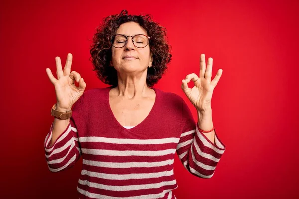 Middle Age Beautiful Curly Hair Woman Wearing Casual Striped Sweater — Stock Photo, Image