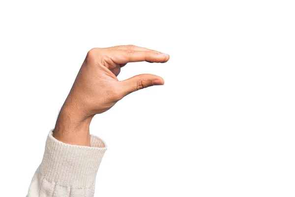 Hand Van Kaukasische Jongeman Met Vingers Geïsoleerde Witte Achtergrond Plukken — Stockfoto