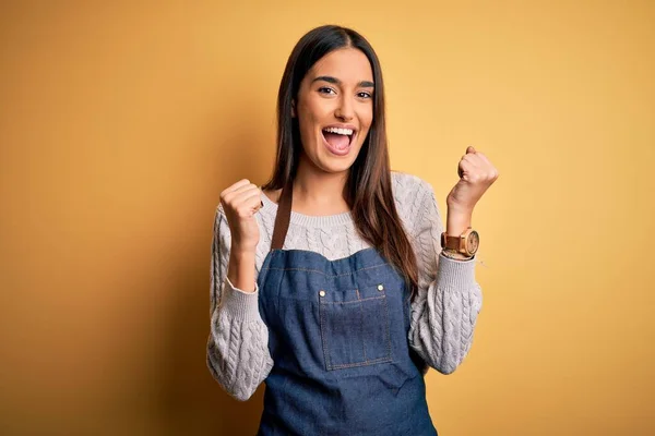 Junge Schöne Bäckerin Schürzenuniform Kocht Vor Gelbem Hintergrund Und Feiert — Stockfoto