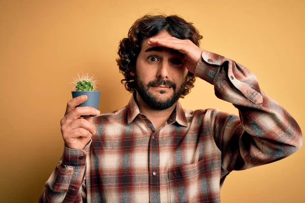 Giovane Uomo Con Capelli Ricci Barba Che Tiene Piccolo Vaso — Foto Stock