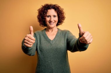Orta yaşlı, güzel kıvırcık saçlı kadın izole edilmiş sarı arka plan üzerine günlük süveter giyip olumlu bir jest yapmayı onaylıyor, gülümseyerek ve başarı için mutlu. Kazanan jest.
