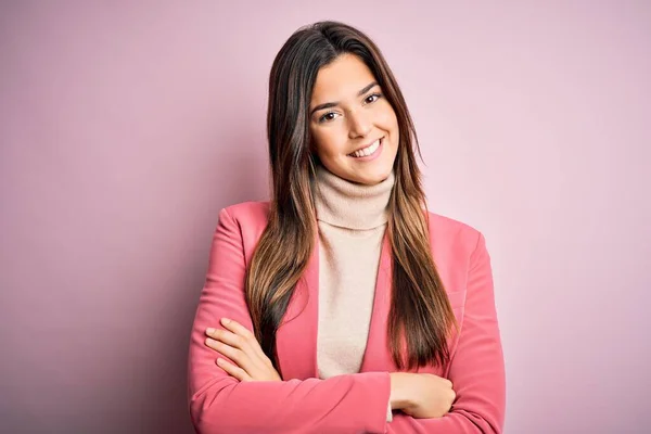 Young Beautiful Businesswoman Wearing Casual Turtleneck Sweater Jacket Happy Face — Stock Photo, Image