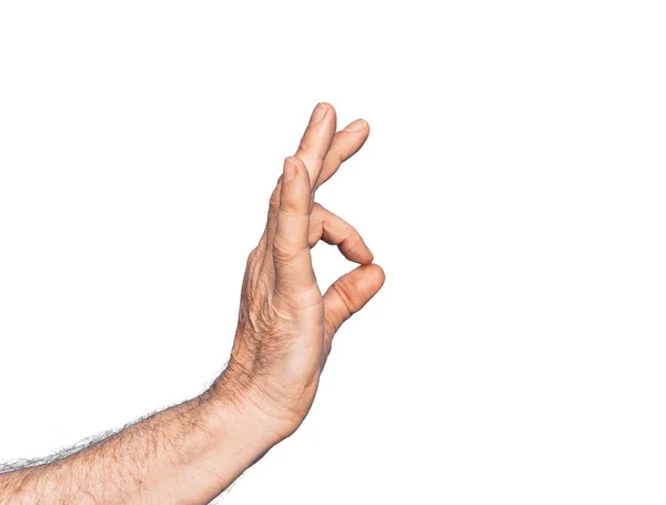 Hand Van Blanke Middelbare Leeftijd Man Geïsoleerde Witte Achtergrond Gebaren — Stockfoto