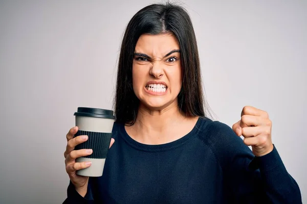 Ung Vacker Brunett Kvinna Dricka Kopp Kaffe Över Isolerad Vit — Stockfoto