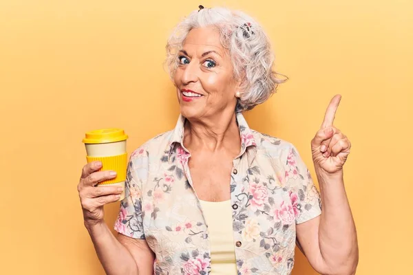 Yaşlı Gri Saçlı Kadın Elinde Kahve Fincanı Tutarken Mutlu Bir — Stok fotoğraf