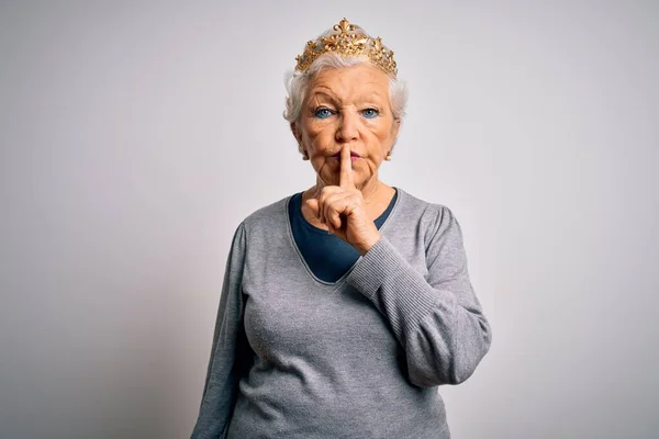 Senior Hermosa Mujer Pelo Gris Con Corona Oro Reina Sobre — Foto de Stock