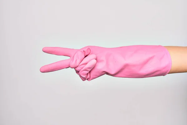 Hand Caucasian Young Woman Wearing Pink Cleaning Glove Isolated White — Stock Photo, Image