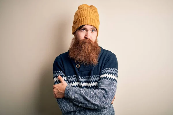 Handsome Irish Redhead Man Beard Wearing Winter Sweater Wool Hat — Stock Photo, Image