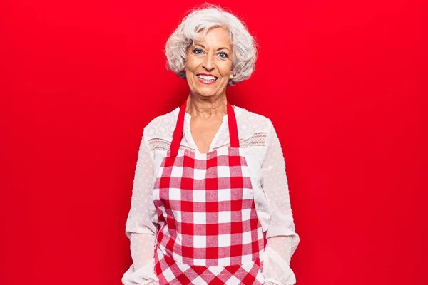 Senior Mujer Pelo Gris Que Lleva Delantal Con Una Sonrisa — Foto de Stock