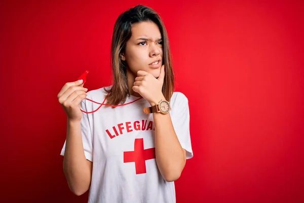 Young Beautiful Brunette Lifeguard Girl Wearing Shirt Red Cross Using — Stock Photo, Image